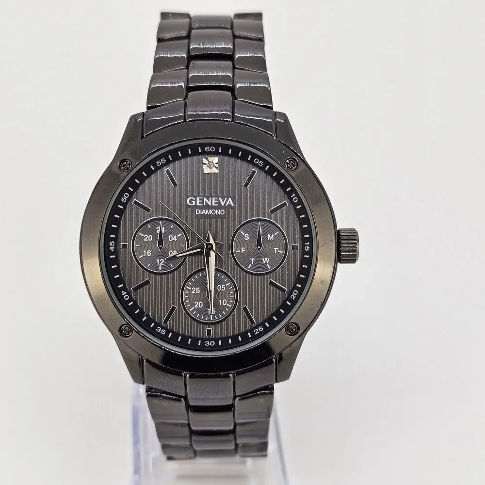 Geneva Diamond Men Quartz Watch 42MM Black Dial Bracelet Band 7.75